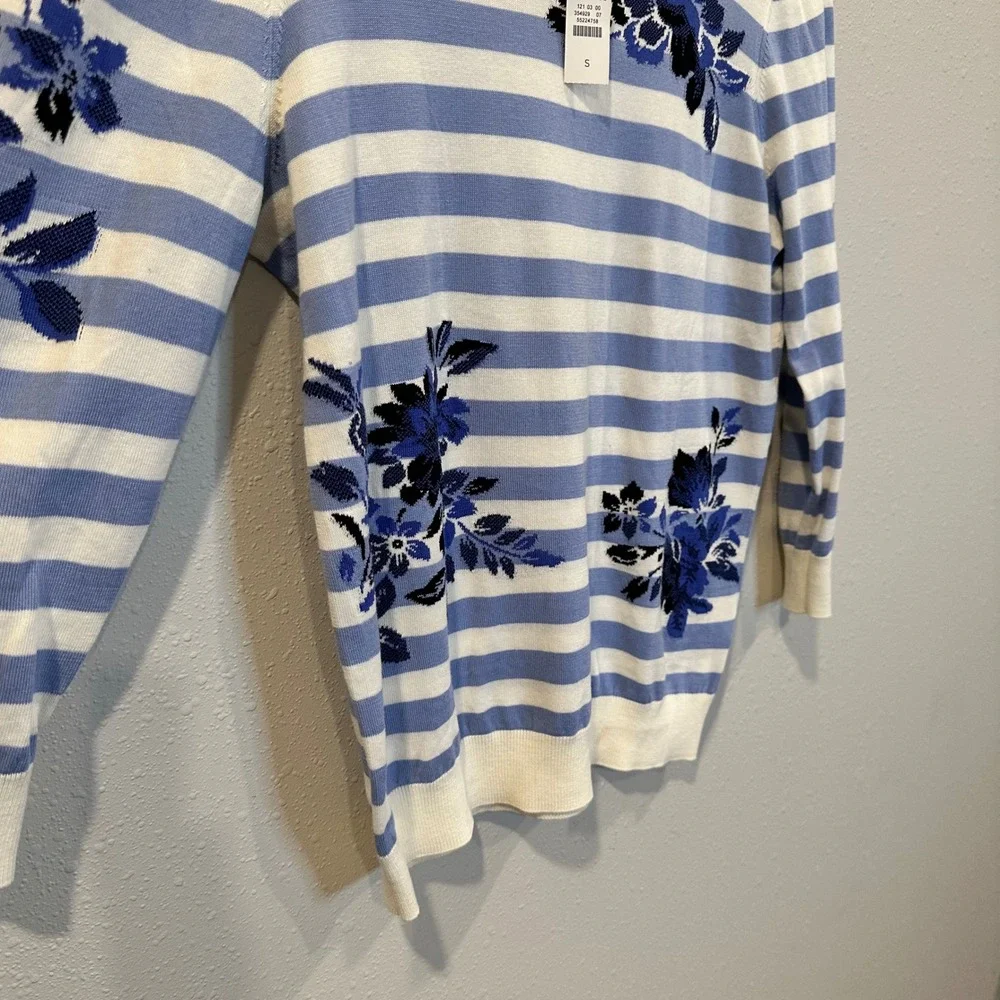 Talbots‎ Sweater Women S Blue Striped Floral 3/4 Sleeve Cotton Blend Preppy NWT